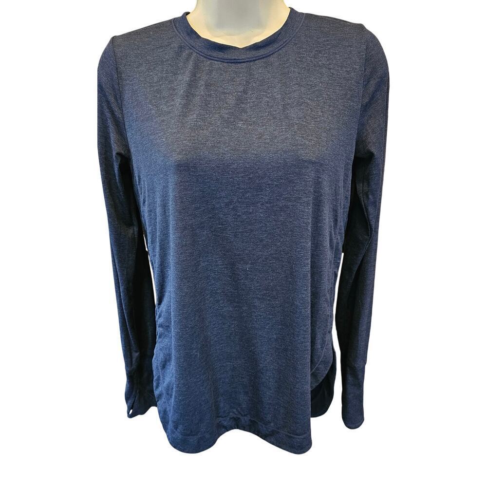 Athleta navy rounded hem revive performance top with thumb holes EUC running XS
